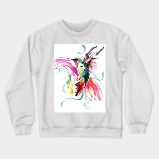 Flying Hummingbird and Abstract Flowers, Turquoise, pink watercolor bird artwork Crewneck Sweatshirt